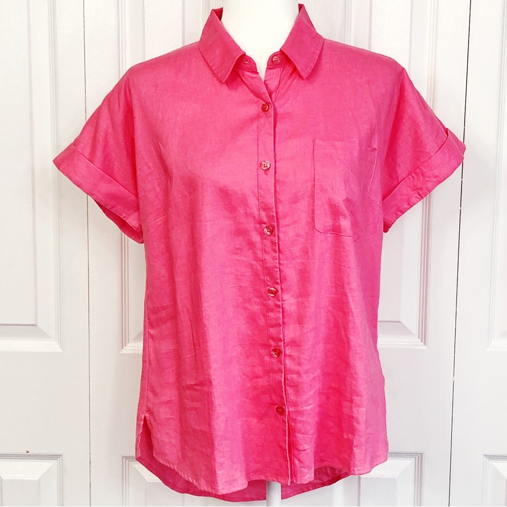 NWT New York & Co. Pink Linen Short Sleeve Button Down Shirt Medium